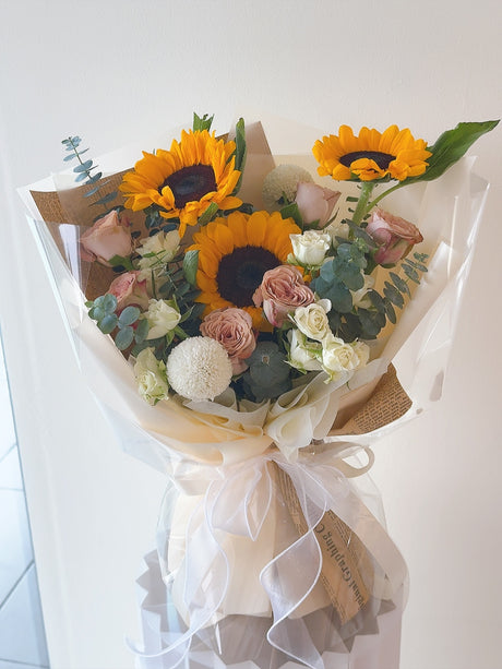 Saffron Cappuccino Sunflower & Rose Bouquet by CC Flora