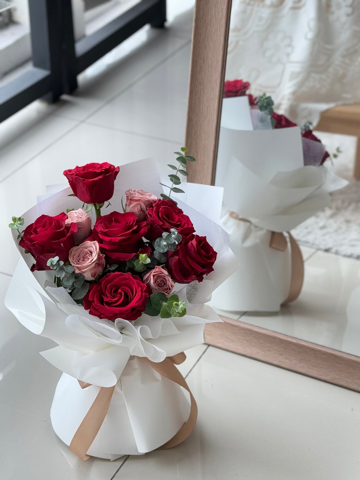 Beloved Ruby Red & Cappuccino Rose Bouquet by CC Flora