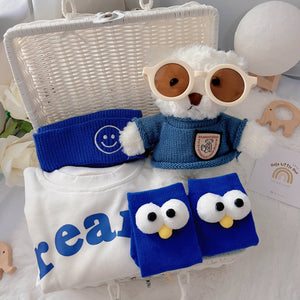 Baby On Fleek premium baby gift set in a rattan basket with blue owl 'Dreamer' romper