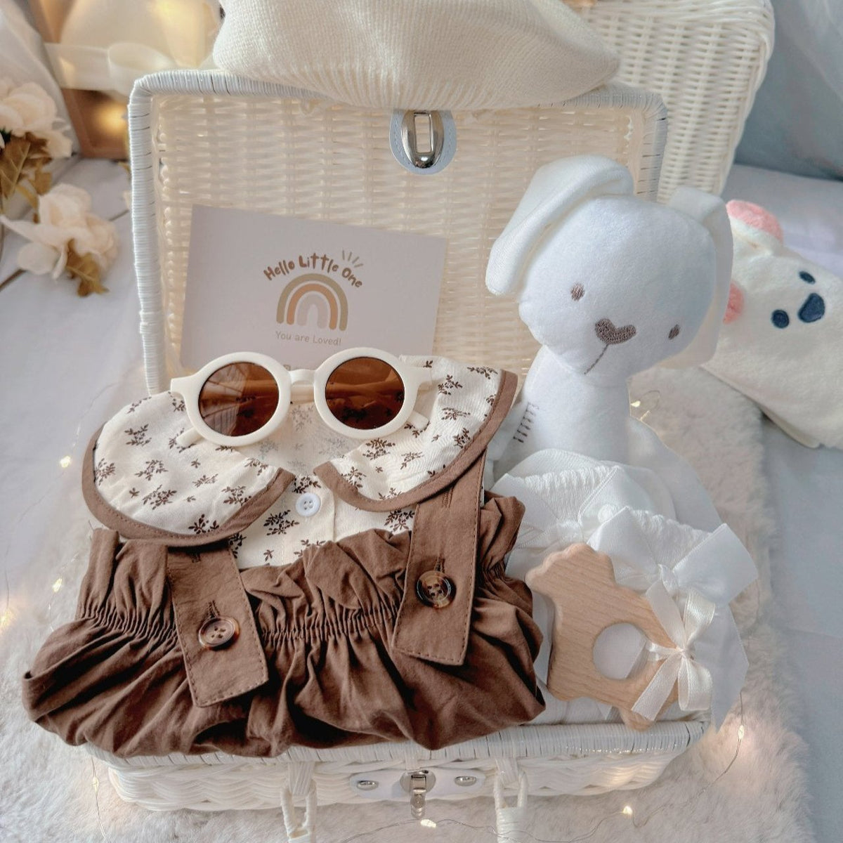 Autumn Princess baby gift set – baby girl romper, plushie, rattan basket, and gift accessories
