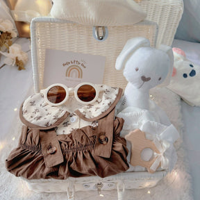 Autumn Princess baby gift set – baby girl romper, plushie, rattan basket, and gift accessories