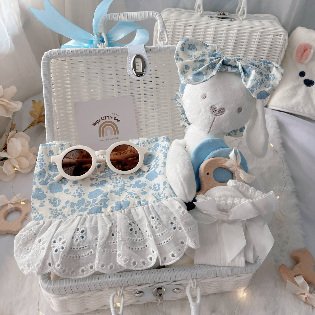 Baby Blue Princess premium baby gift set in a rattan basket with blue princess romper