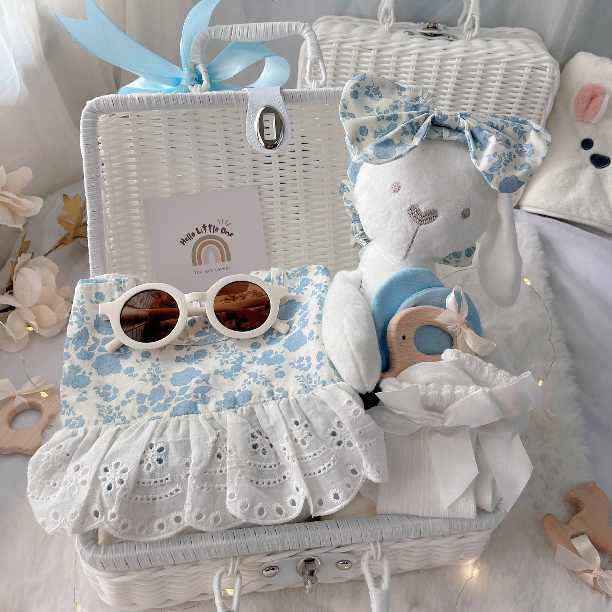 Baby Blue Princess premium baby gift set in a rattan basket with blue princess romper