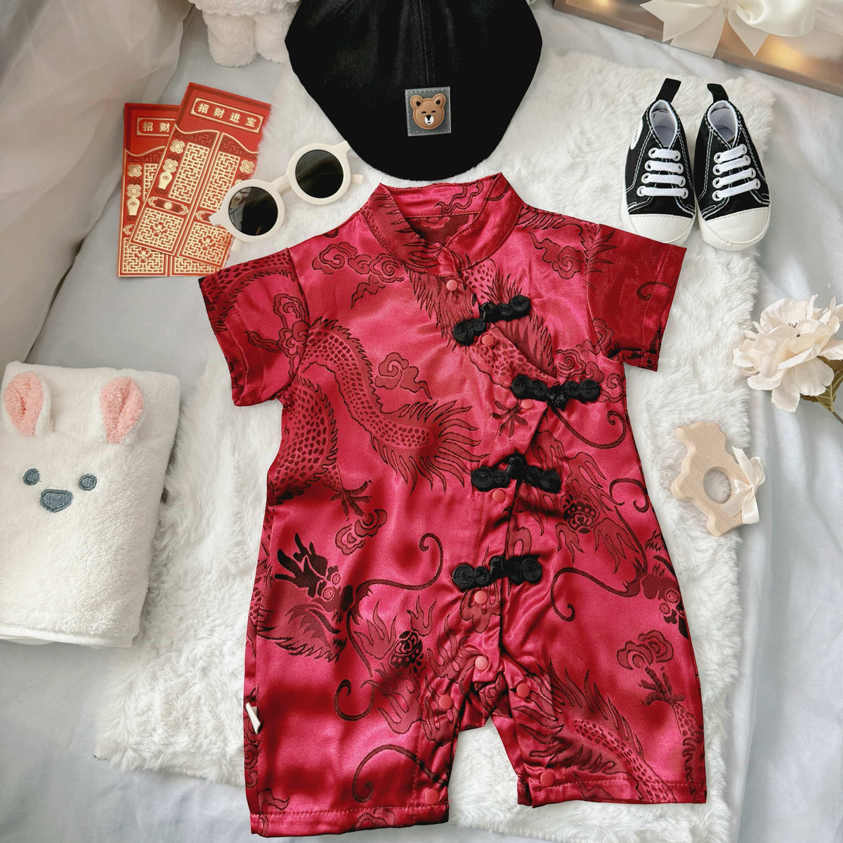Baby Boy Red Hanfu baby outfit styling – red Hanfu-style romper