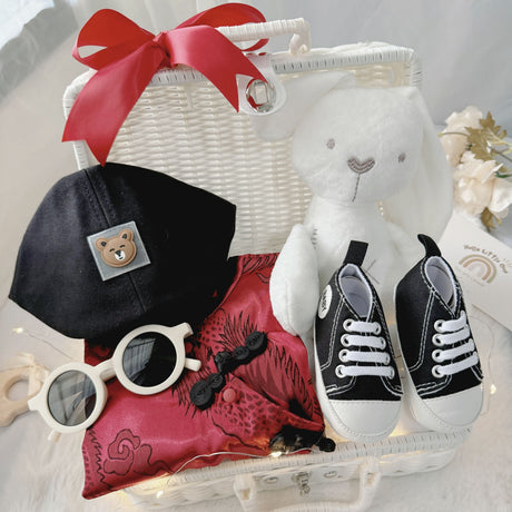 Baby Boy Red Hanfu premium baby gift set in a rattan basket with red Hanfu-style romper