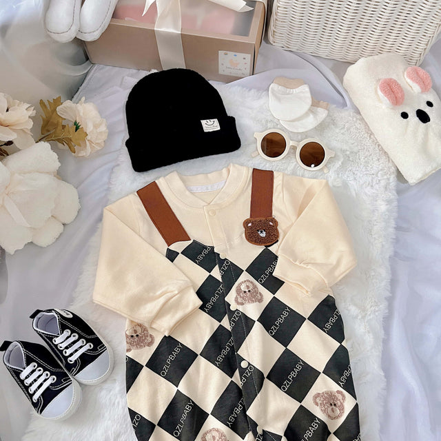 Baby Checkmate premium baby hamper – rattan basket, plushie and checkered romper