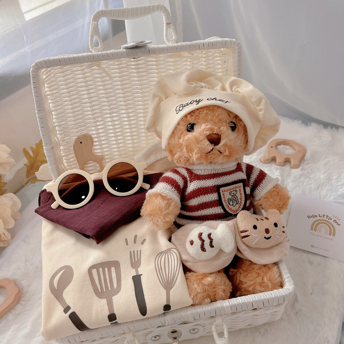 Baby Chef premium baby gift set in a rattan basket with chef romper with matching hat and bib