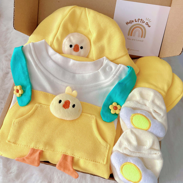 Baby Chicky standard baby gift box with yellow chick romper
