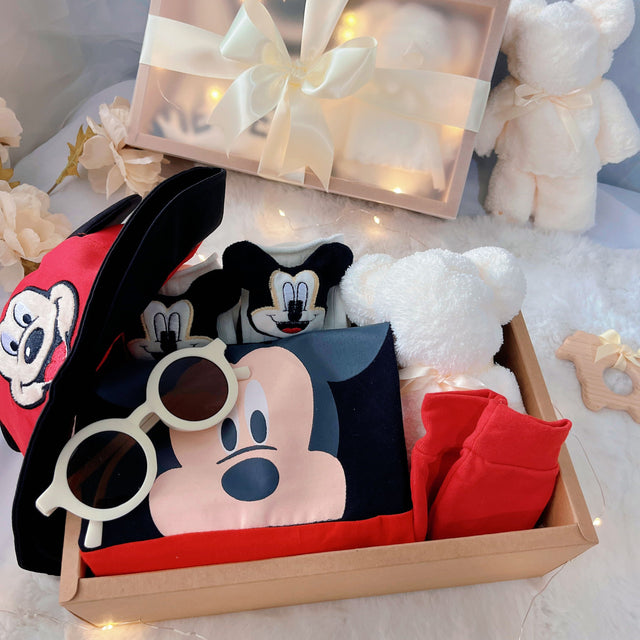 Baby Mickey classic baby gift box with red and black mouse-themed romper