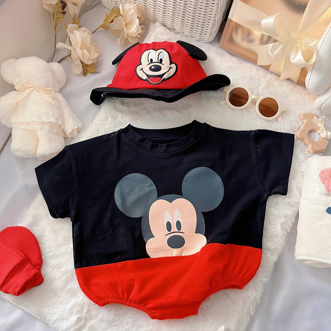 Baby Mickey baby outfit styling – red and black mouse-themed romper
