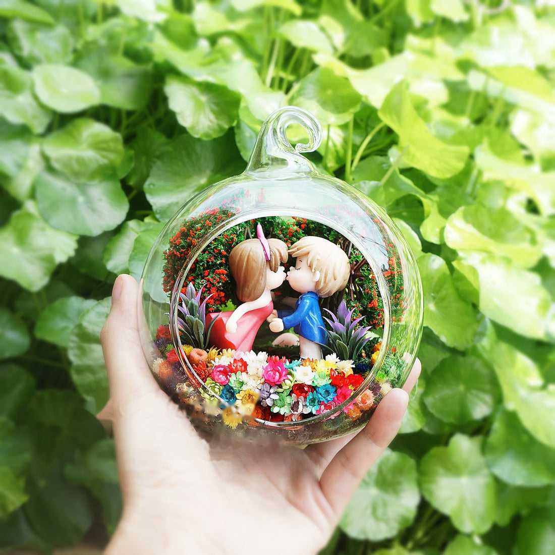 Blue and Pink Couple preserved flower terrarium
