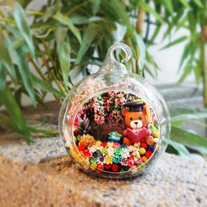 Brown Graduation Bear preserved flower terrarium