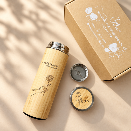 Personalised 360ml bamboo thermos flask with tea infuser and engraved name