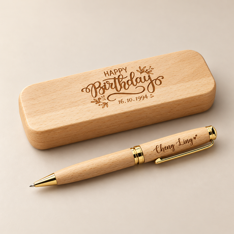 Personalised beech wood pen and case with engraved name