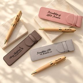 Personalised beech wood pen and leather pouch with engraved name