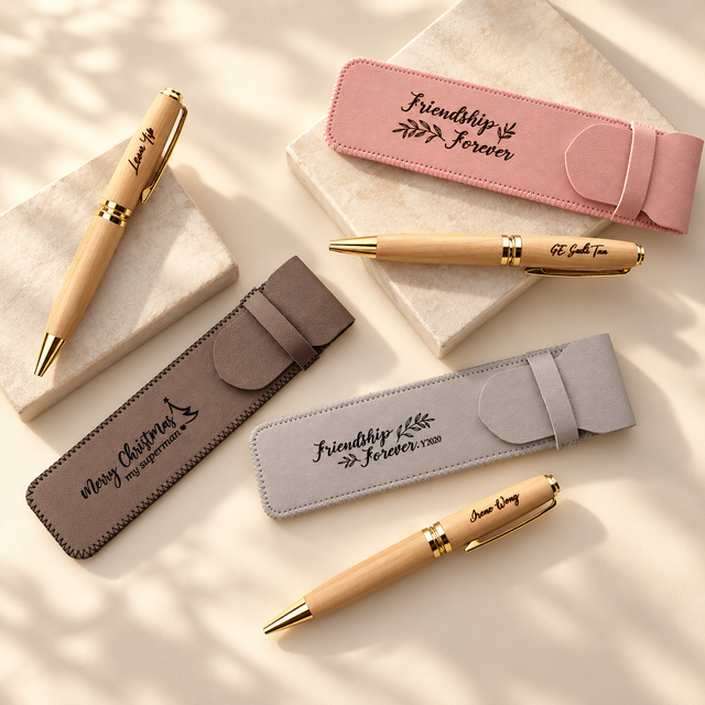 Personalised beech wood pen and leather pouch with engraved name