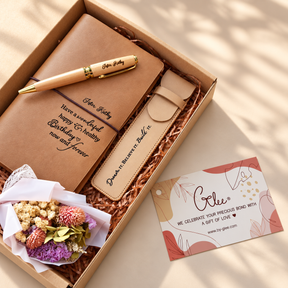 Personalised wooden pen, leather pouch and notebook gift set