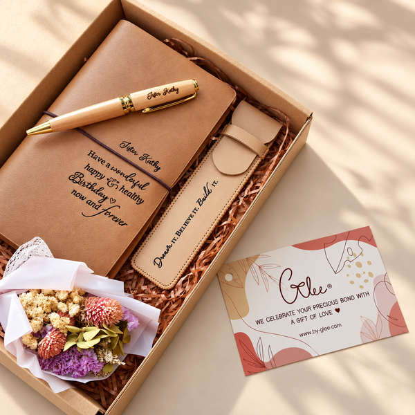Personalised wooden pen, leather pouch and notebook gift set