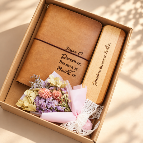 Personalised wooden pen, wooden case and leather notebook gift set