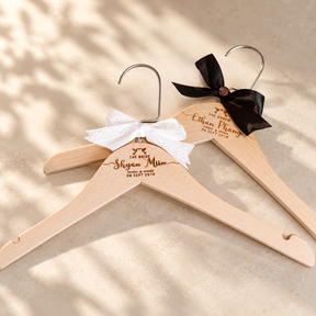 Personalised beech wood wedding dress hanger with engraved name and ribbon