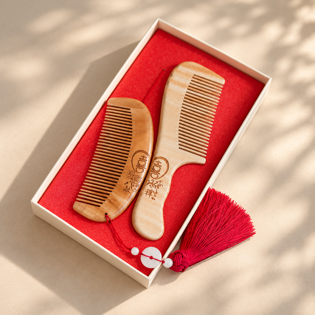 Personalised sandalwood bride and groom wedding comb set with red tassels