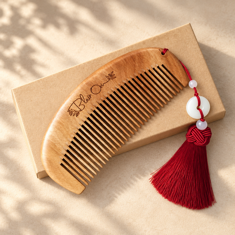 Personalised sandalwood comb with engraved name and tassel