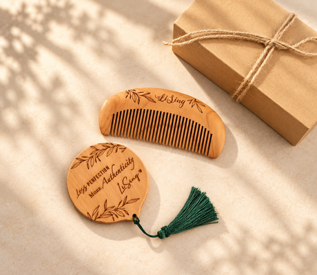 Personalised wooden comb and pocket mirror set with engraved name