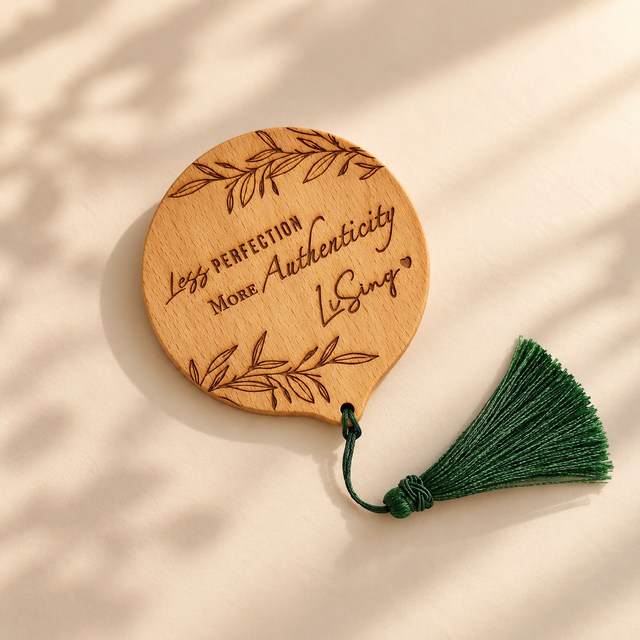 Personalised beech wood pocket mirror with engraved name and tassel