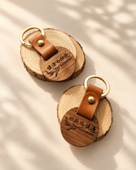 Personalised walnut wood keychain with leather strap and engraved name