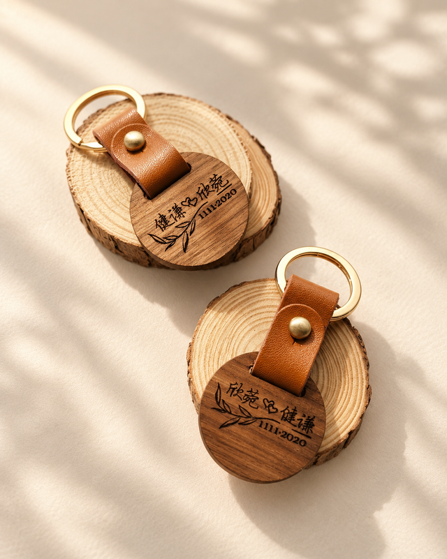 Personalised walnut wood keychain with leather strap and engraved name