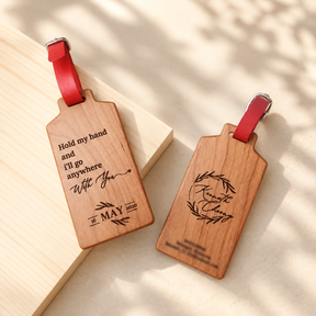 Personalised cherry wood luggage tag with engraved name