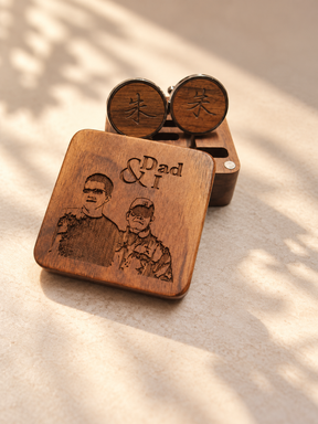 Personalised walnut wood cufflinks with engraved initials in wooden box