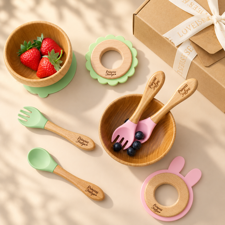 Personalised baby gift set with engraved bowl, utensils and animal teether