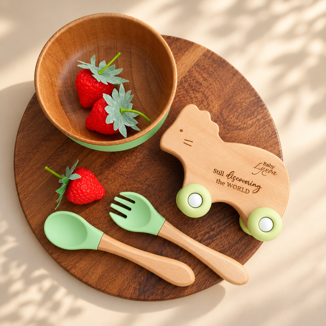 Personalised baby gift set with engraved bowl, utensils and motor skills toy