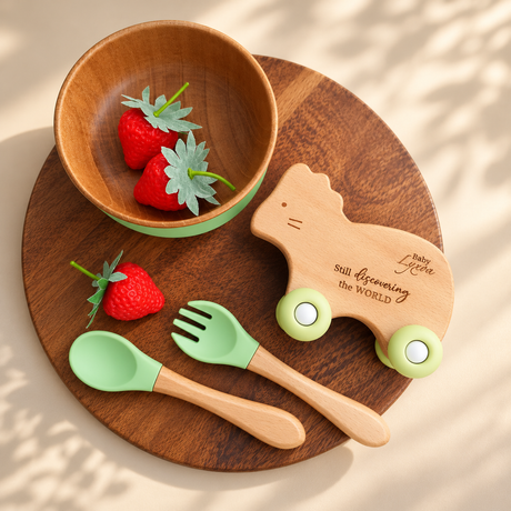 Personalised baby gift set with engraved bowl, utensils and motor skills toy