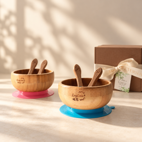 Personalised silicone baby bowl and bamboo utensils set with engraved name