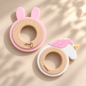 Personalised silicone and wood baby teether with engraved name