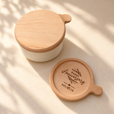 Two personalised rectangular beech wood coasters with engraved names