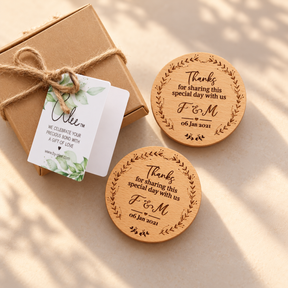 Set of four personalised beech wood fridge magnets with engraved design