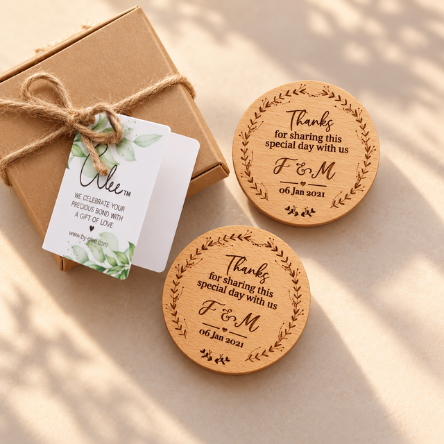 Set of four personalised beech wood fridge magnets with engraved design
