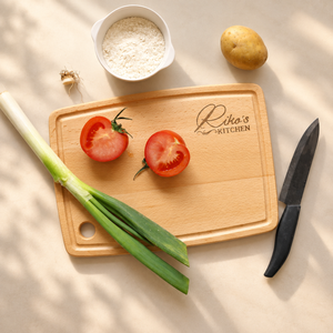 Personalised beech wood chopping board with engraved names