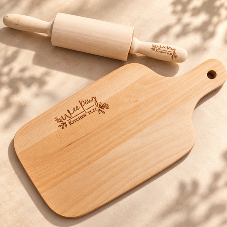 Personalised beech wood rolling pin and pizza paddle set with engraved name