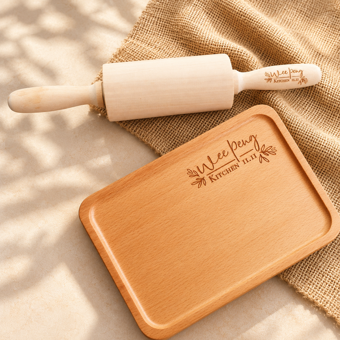 Personalised beech wood rolling pin and food tray set with engraved name