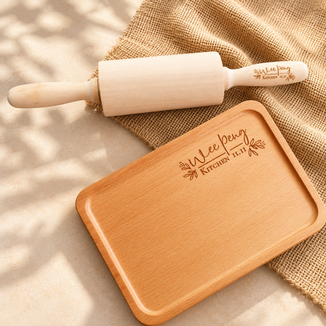 Personalised beech wood rolling pin and food tray set with engraved name