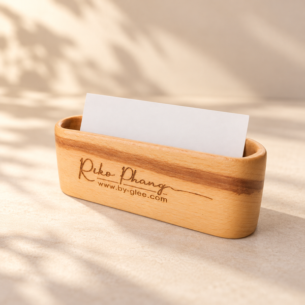 Personalised beech wood desk name card holder with engraved name