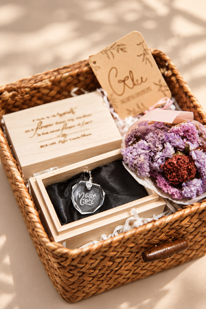 Personalised crystal pendant necklace in engraved wooden case with preserved flower