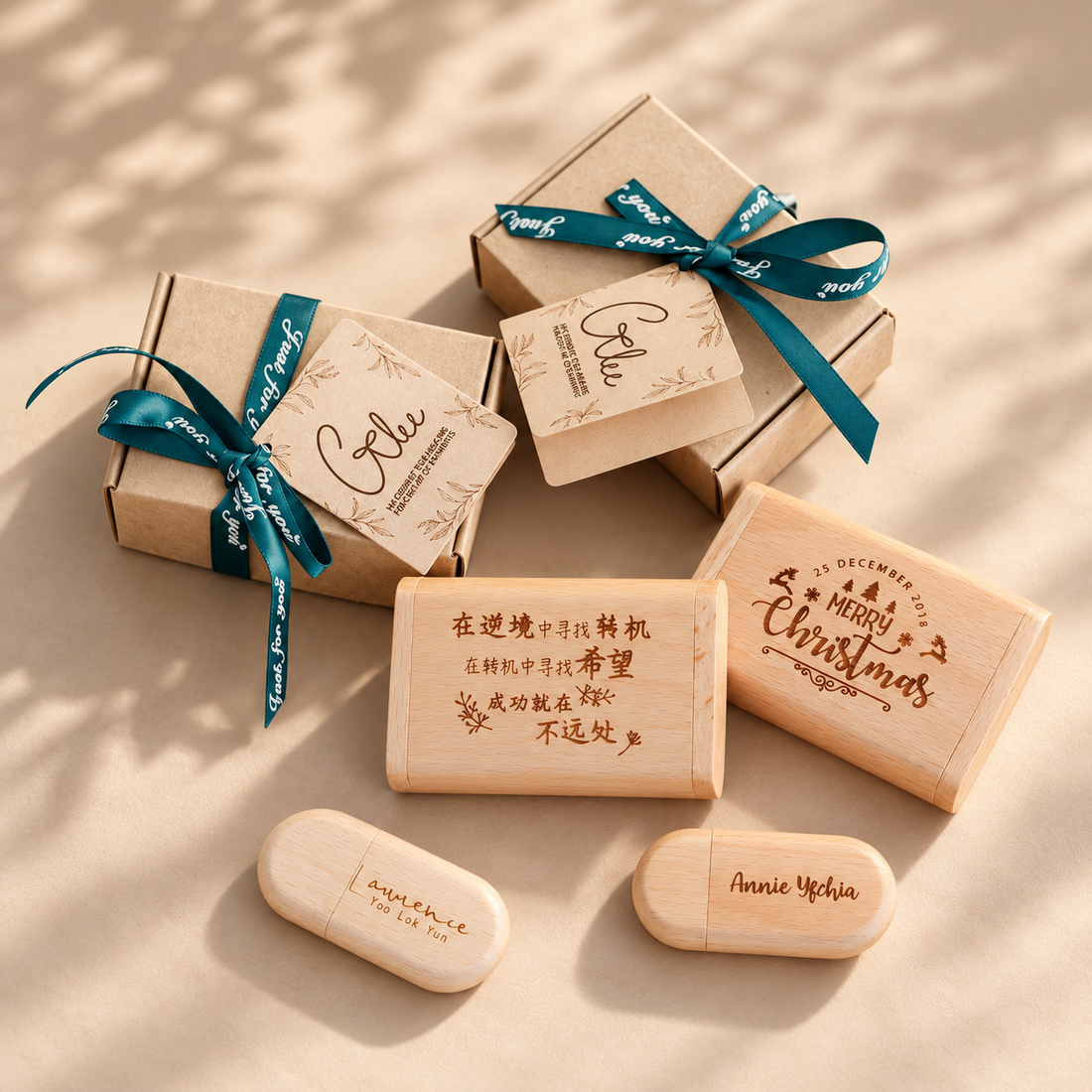 Personalised 32GB wooden USB drive and case with engraved name