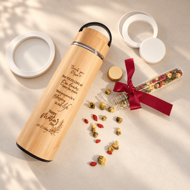 Personalised 450ml bamboo thermos flask with engraved name