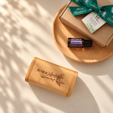 Personalised bamboo essential oil box with engraved name and glass roll-on bottle