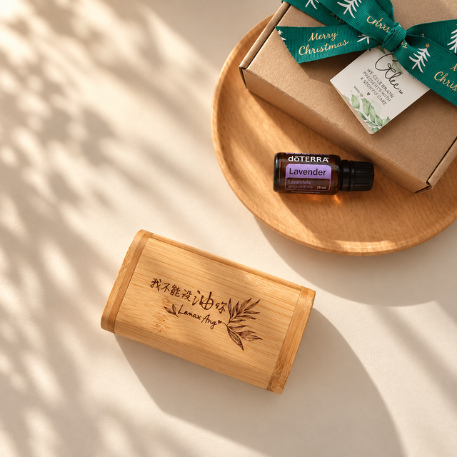 Personalised bamboo essential oil box with engraved name and glass roll-on bottle